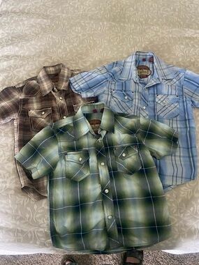 Lot of 3 Boys Short-Sleeve Green Plaid Pearl snap  Shirts by Rafter C